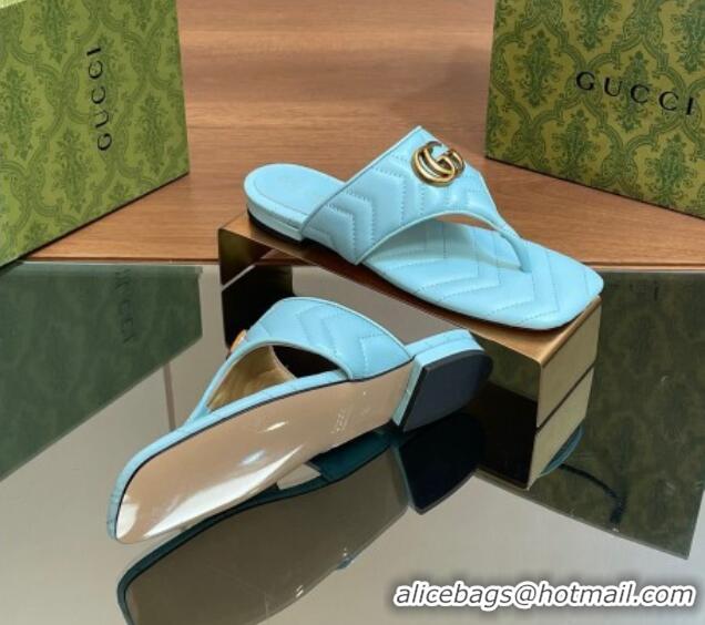 Best Product Gucci Double G Flat Thong Slide Sandals in Chevron Leather Light Blue 0427056