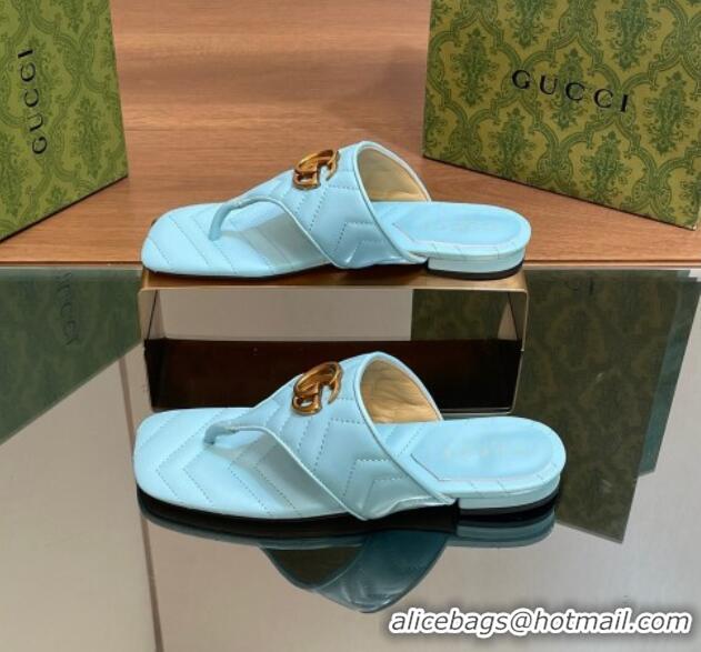 Best Product Gucci Double G Flat Thong Slide Sandals in Chevron Leather Light Blue 0427056