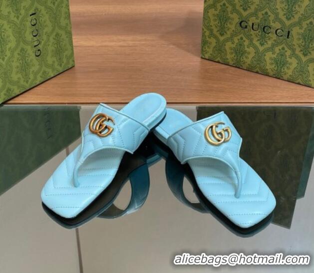 Best Product Gucci Double G Flat Thong Slide Sandals in Chevron Leather Light Blue 0427056