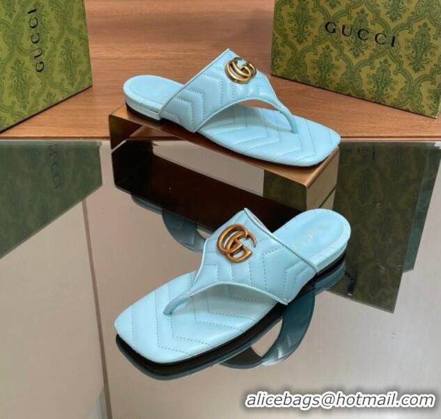 Best Product Gucci Double G Flat Thong Slide Sandals in Chevron Leather Light Blue 0427056