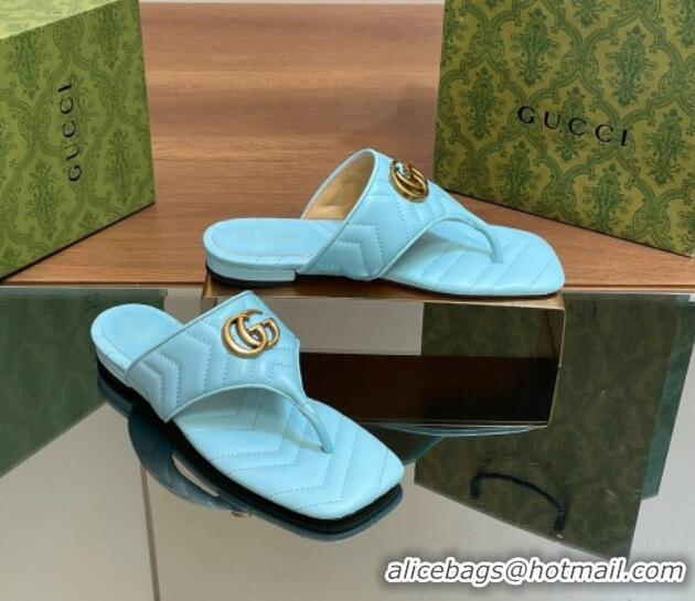 Best Product Gucci Double G Flat Thong Slide Sandals in Chevron Leather Light Blue 0427056