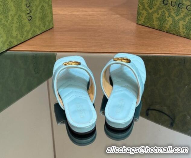 Best Product Gucci Double G Flat Thong Slide Sandals in Chevron Leather Light Blue 0427056