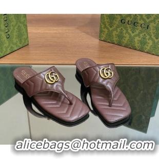 Popular Style Gucci Double G Flat Thong Slide Sandals in Chevron Leather Dark Brown 427058