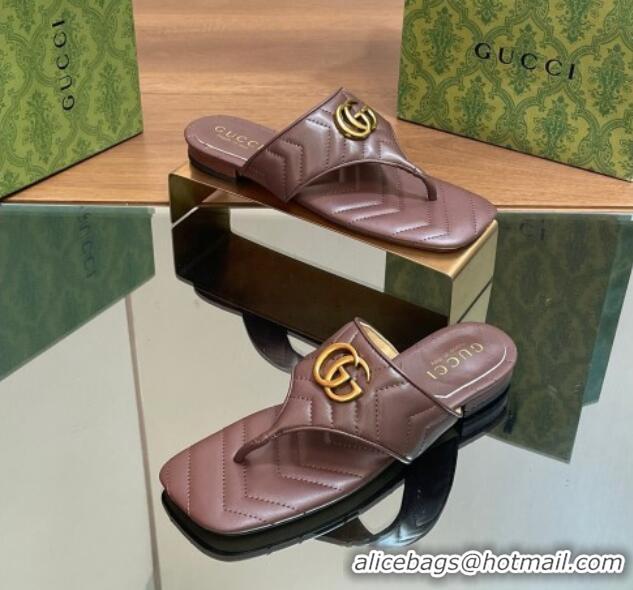 Popular Style Gucci Double G Flat Thong Slide Sandals in Chevron Leather Dark Brown 427058