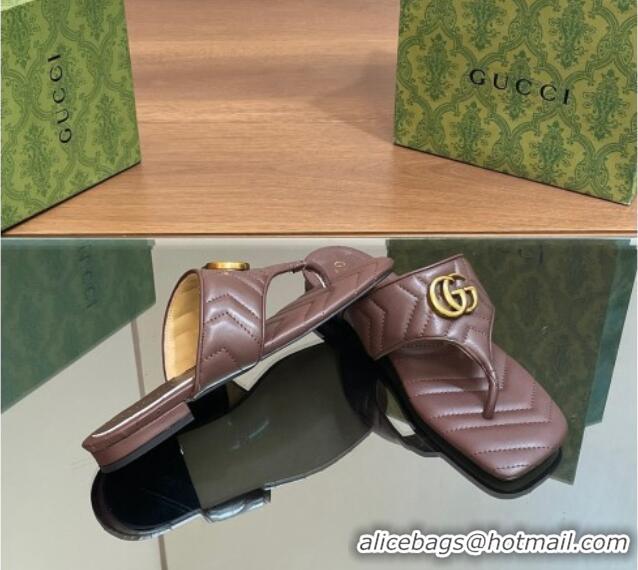 Popular Style Gucci Double G Flat Thong Slide Sandals in Chevron Leather Dark Brown 427058