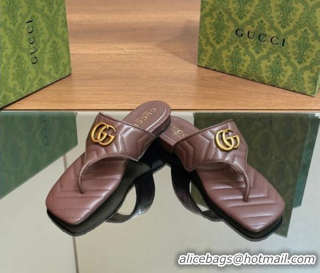 Popular Style Gucci Double G Flat Thong Slide Sandals in Chevron Leather Dark Brown 427058