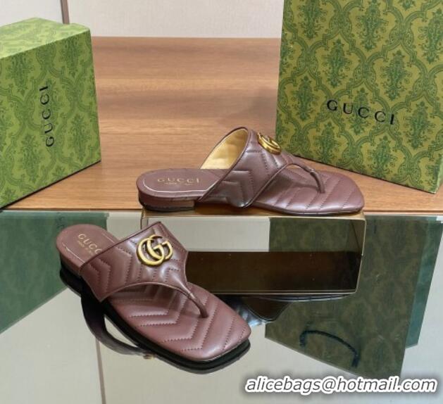 Popular Style Gucci Double G Flat Thong Slide Sandals in Chevron Leather Dark Brown 427058