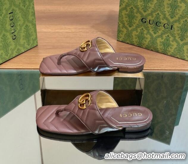 Popular Style Gucci Double G Flat Thong Slide Sandals in Chevron Leather Dark Brown 427058