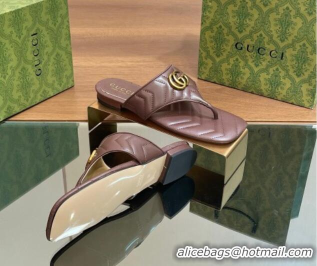 Popular Style Gucci Double G Flat Thong Slide Sandals in Chevron Leather Dark Brown 427058