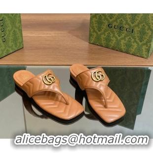 Top Grade Gucci Double G Flat Thong Slide Sandals in Chevron Leather Tan Brown 427059