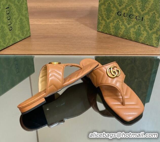 Top Grade Gucci Double G Flat Thong Slide Sandals in Chevron Leather Tan Brown 427059