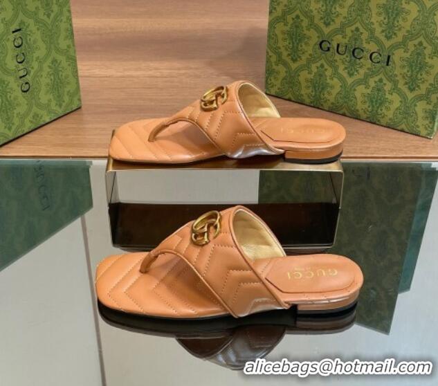 Top Grade Gucci Double G Flat Thong Slide Sandals in Chevron Leather Tan Brown 427059