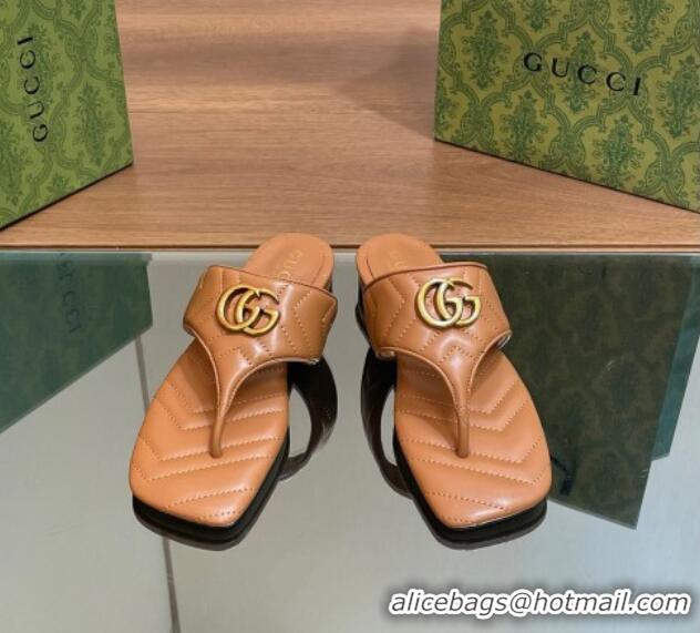 Top Grade Gucci Double G Flat Thong Slide Sandals in Chevron Leather Tan Brown 427059