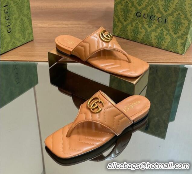 Top Grade Gucci Double G Flat Thong Slide Sandals in Chevron Leather Tan Brown 427059