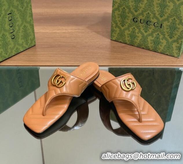 Top Grade Gucci Double G Flat Thong Slide Sandals in Chevron Leather Tan Brown 427059