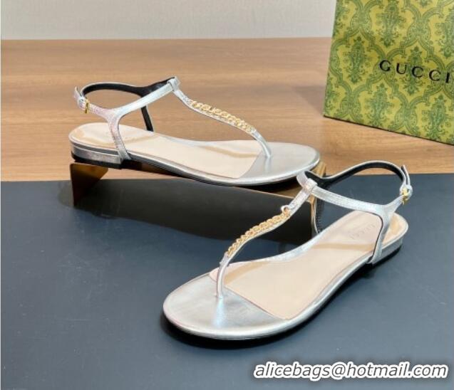 Grade Quality Gucci Signoria Leather Flat Thong Sandals Silver 427060