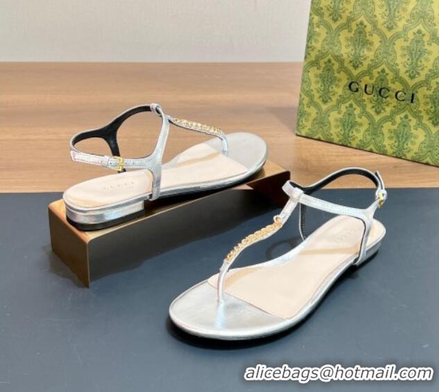 Grade Quality Gucci Signoria Leather Flat Thong Sandals Silver 427060