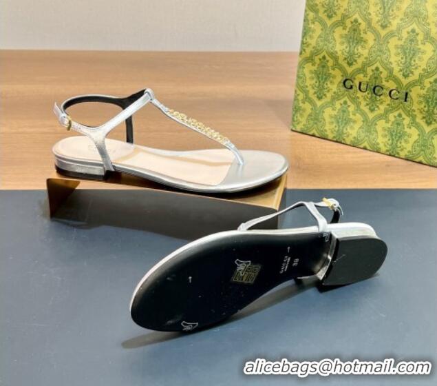 Grade Quality Gucci Signoria Leather Flat Thong Sandals Silver 427060