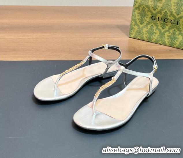 Grade Quality Gucci Signoria Leather Flat Thong Sandals Silver 427060