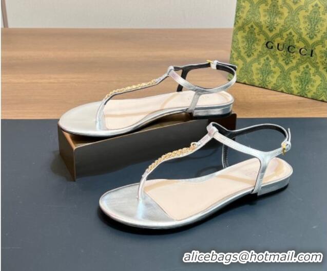 Grade Quality Gucci Signoria Leather Flat Thong Sandals Silver 427060