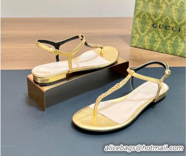 Good Looking Gucci Signoria Leather Flat Thong Sandals Gold 427061