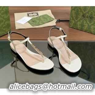 Low Cost Gucci Signoria Leather Flat Thong Sandals White 427063