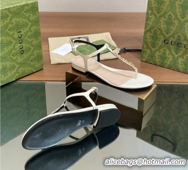 Low Cost Gucci Signoria Leather Flat Thong Sandals White 427063