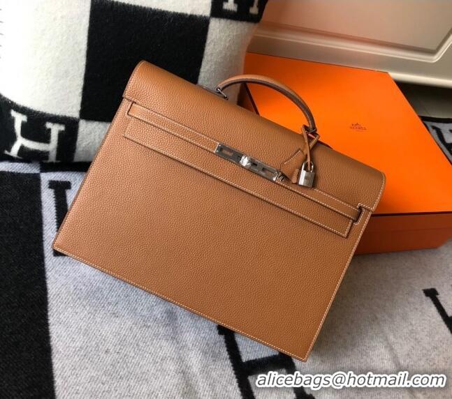 New Design Hermes Men's Kelly Messenger Bag 38cm in Togo Calfskin H0204 Light Brown (Half Handmade)