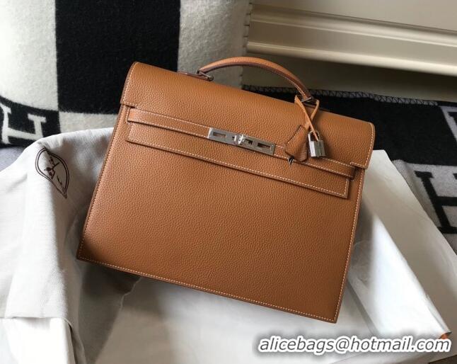 Top Quality Hermes Men's Kelly Messenger Bag 34cm in Togo Calfskin H0205 Light Brown (Half Handmade)