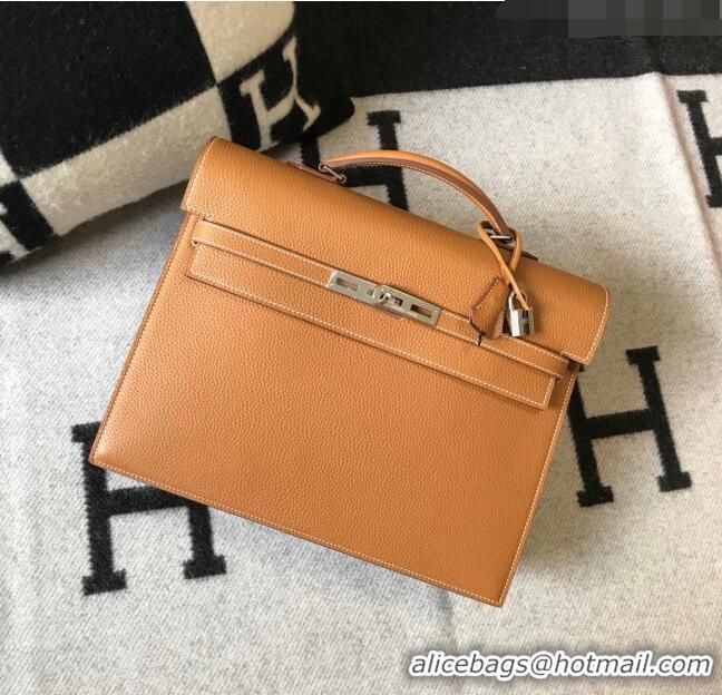 Top Quality Hermes Men's Kelly Messenger Bag 34cm in Togo Calfskin H0205 Light Brown (Half Handmade)