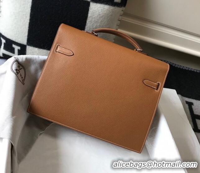 Top Quality Hermes Men's Kelly Messenger Bag 34cm in Togo Calfskin H0205 Light Brown (Half Handmade)