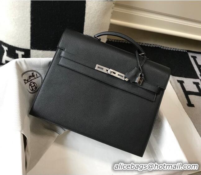 Top Design Hermes Men's Kelly Messenger Bag 34cm in Togo Calfskin H0205 Black (Half Handmade)