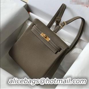 Luxurious Hermes Kelly Ado Backpack 22cm in Togo Leather H0210 Elephant Grey/Gold (Half Handmade)