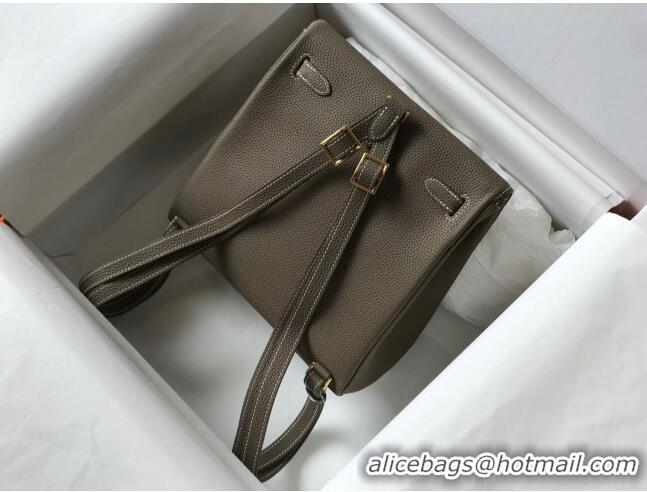 Luxurious Hermes Kelly Ado Backpack 22cm in Togo Leather H0210 Elephant Grey/Gold (Half Handmade)