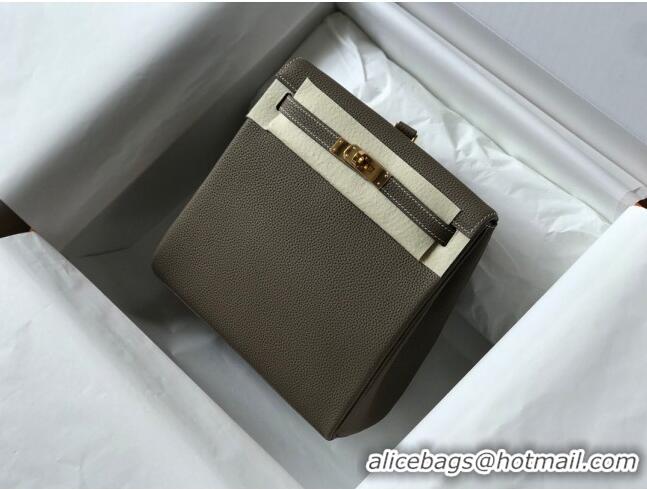 Luxurious Hermes Kelly Ado Backpack 22cm in Togo Leather H0210 Elephant Grey/Gold (Half Handmade)