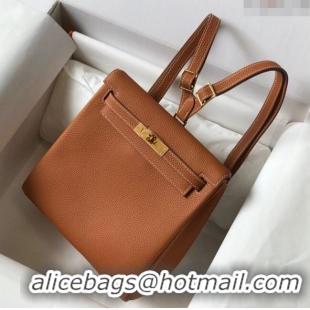 Promotional Hermes Kelly Ado Backpack 22cm in Togo Leather H0210 Brown/Gold (Half Handmade)