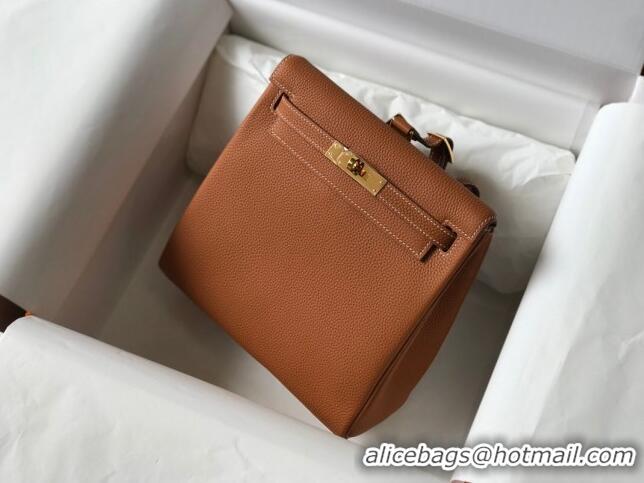 Promotional Hermes Kelly Ado Backpack 22cm in Togo Leather H0210 Brown/Gold (Half Handmade)