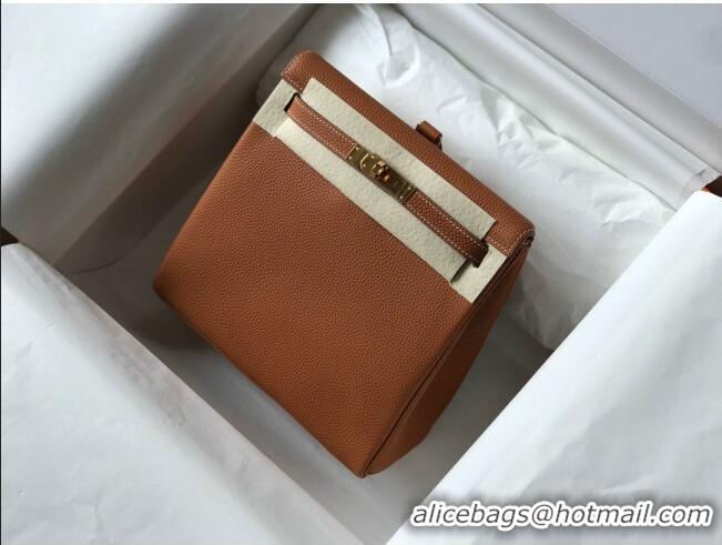 Promotional Hermes Kelly Ado Backpack 22cm in Togo Leather H0210 Brown/Gold (Half Handmade)