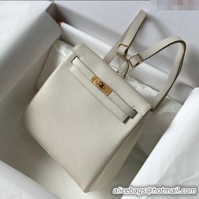 Top Grade Hermes Kelly Ado Backpack 22cm in Togo Leather H0210 White/Gold (Half Handmade)