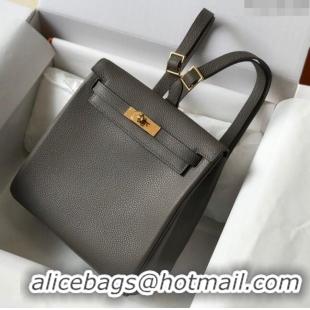 Super Quality Hermes Kelly Ado Backpack 22cm in Togo Leather H0210 Steel Grey/Gold (Half Handmade)