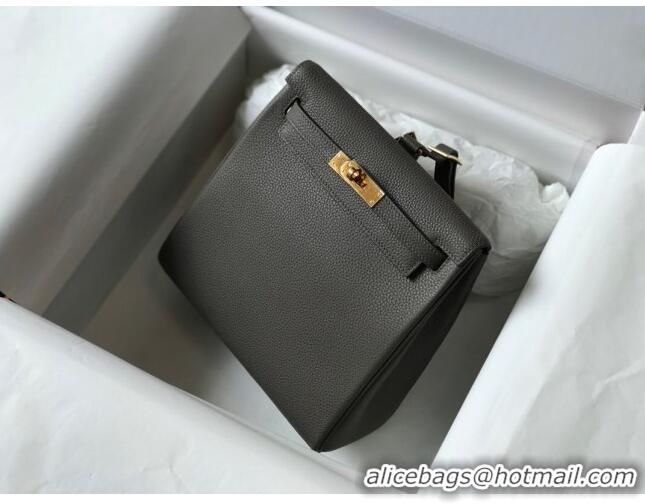 Super Quality Hermes Kelly Ado Backpack 22cm in Togo Leather H0210 Steel Grey/Gold (Half Handmade)