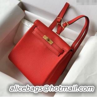 Well Crafted Hermes Kelly Ado Backpack 22cm in Togo Leather H0210 Red/Gold (Half Handmade)