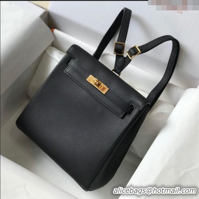 New Style Hermes Kelly Ado Backpack 22cm in Togo Leather H0210 Black/Gold (Half Handmade)