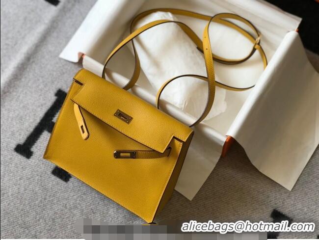 Inexpensive Hermes Kelly Danse Bag 22cm in Evercolor Leather H1501 Amber Yellow (Half Handmade)