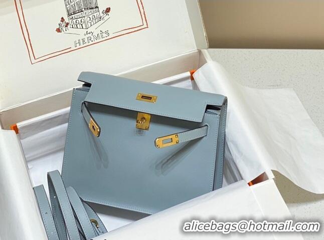 Most Popular Hermes Kelly Danse Bag 22cm in Evercolor Leather H1508 Linen Blue/Gold (Half Handmade)