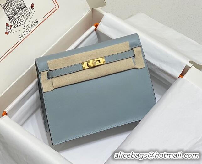 Most Popular Hermes Kelly Danse Bag 22cm in Evercolor Leather H1508 Linen Blue/Gold (Half Handmade)