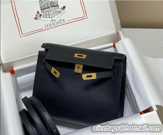 Grade Design Hermes Kelly Danse Bag 22cm in Evercolor Leather H1508 Black/Gold (Half Handmade)