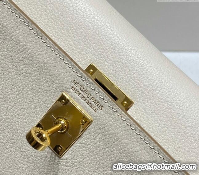 Super Quality Hermes Kelly Danse Bag 22cm in Evercolor Leather H1508 Cream White/Gold (Half Handmade)