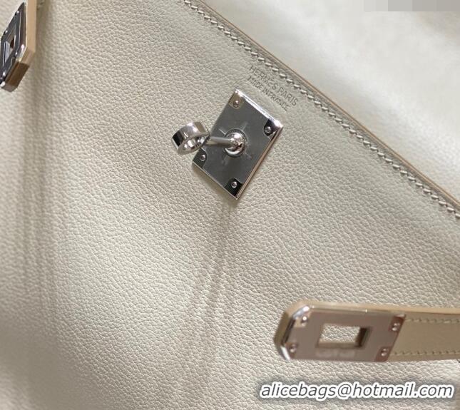 Well Crafted Hermes Kelly Danse Bag 22cm in Evercolor Leather H1508 Cream White/Silver (Half Handmade)