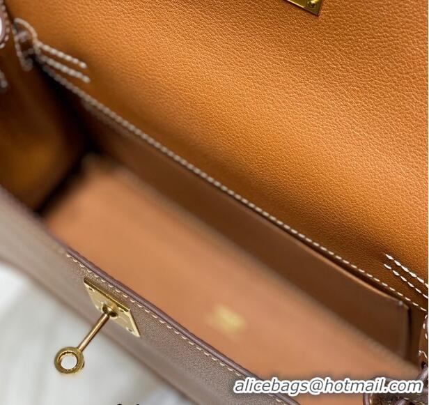 Well Crafted Hermes Kelly Danse Bag 22cm in Evercolor Leather H1508 Brown/Gold (Half Handmade)